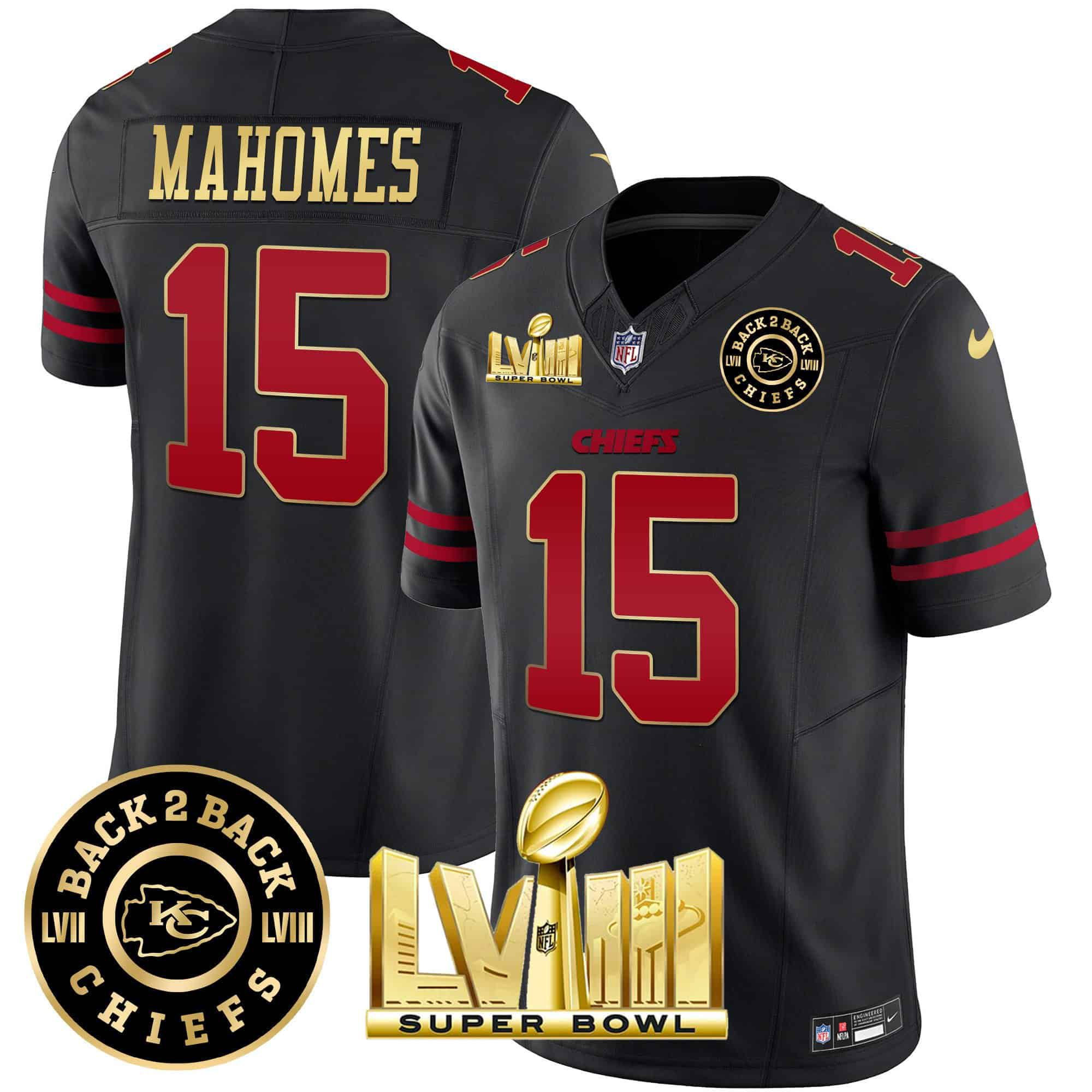 Men Kansas City Chiefs #15 Mahomes Black 2024 Nike Super Bowl LVIII & Back-2-Back Patch Vapor NFL Jersey style 1